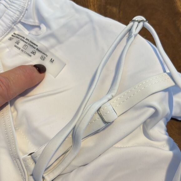 WHITE ONE SHOULDER DOUBLE STRAP ONE PIECE SWIMSUIT - Picture 8 of 8